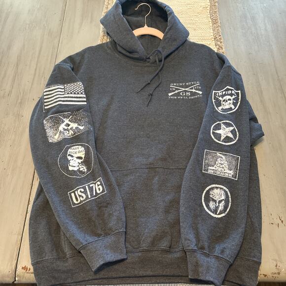 Grunt Style Dusty Blue Sleeve Logo Don’t Tread On Me Hoodie Sweatshirt Men’s L - Picture 1 of 9